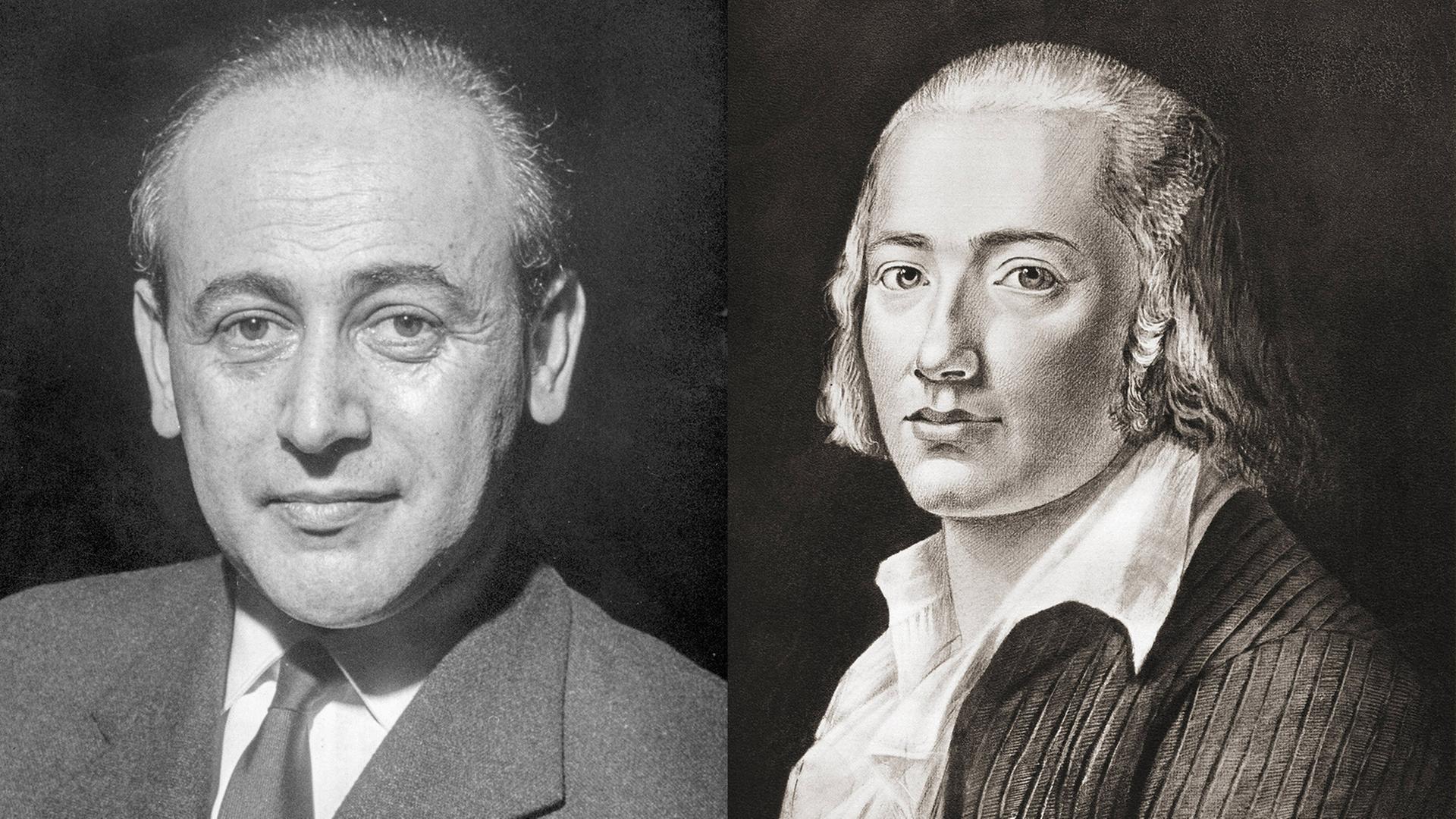 Porträt von Paul Celan links und Friedrich Hölderlin rechts.