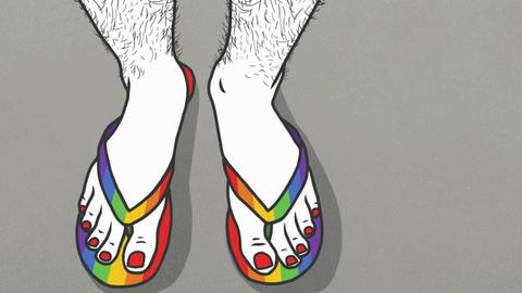 Die Grafik zeigt zwei männliche Füße mit lackierten Nägeln in Flip-Flops mit Regenbogenfarben.