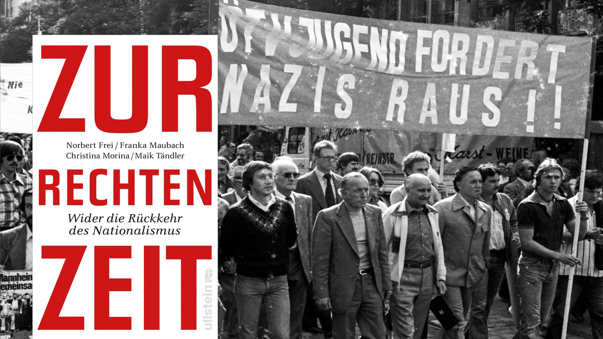 Demonstration gegen einen NPD-Parteitag im Jahre 1978 in Mannheim, eine Transparent mit der Aufschrift "ÖTV-Jugend fordert Nazis raus" ist zu sehen.