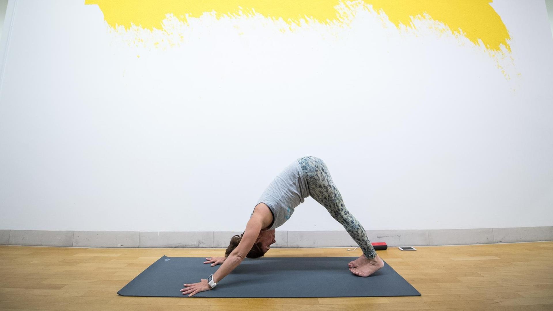 Yoga-Lehrerin Roberta Pröfrock macht am 11.01.2018 während einer Yoga-Stunde in der Galerie Stadt Sindelfingen in Sindelfingen (Baden-Württemberg) unter dem Kunstwerk Trevira von Leni Hoffmann die Yoga-Übung des nach unten schauende Hundes. Yoga-Lehrerin Roberta Pröfrock macht am 11.01.2018 während einer Yoga-Stunde in der Galerie Stadt Sindelfingen in Sindelfingen (Baden-Württemberg) unter dem Kunstwerk Trevira von Leni Hoffmann die Yoga-Übung des nach unten schauende Hundes.