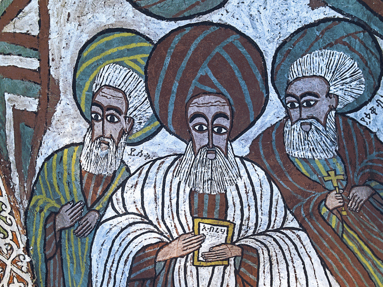 Die Heiligen Isaac, Abraham und Jakob – Fresko in der Orthodoxen Felsenkirche Abuna Yemata Guh in Äthiopien.