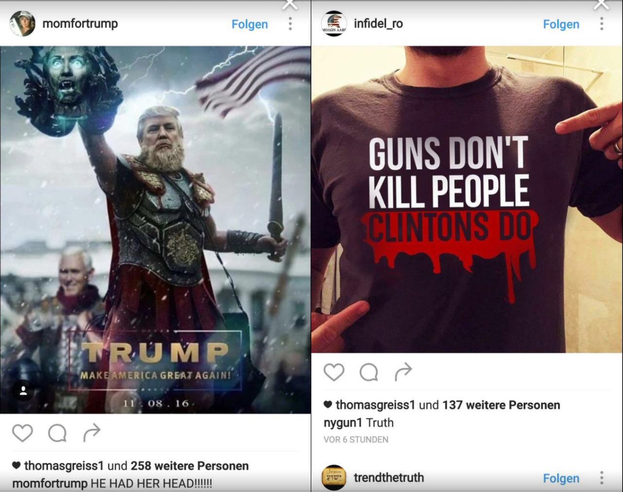 Montage: Zwei Instagram-Posts mit aggressiver Anti-Clinton-Botschaft Montage: Zwei Instagram-Posts mit aggressiver Anti-Clinton-Botschaft