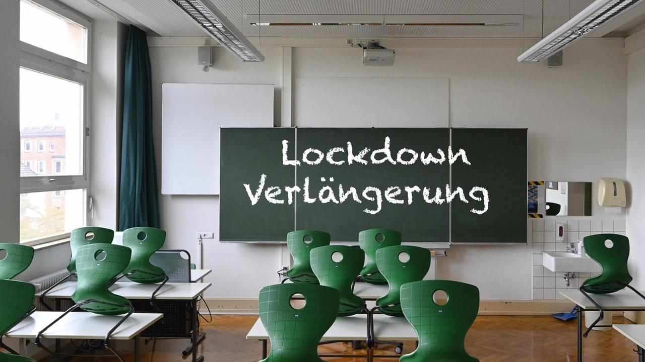 Auf einer Schultafel steht mit Kreide geschrieben LOCKDOWN VERLÄNGERUNG. Auf einer Schultafel steht mit Kreide geschrieben LOCKDOWN VERLÄNGERUNG.