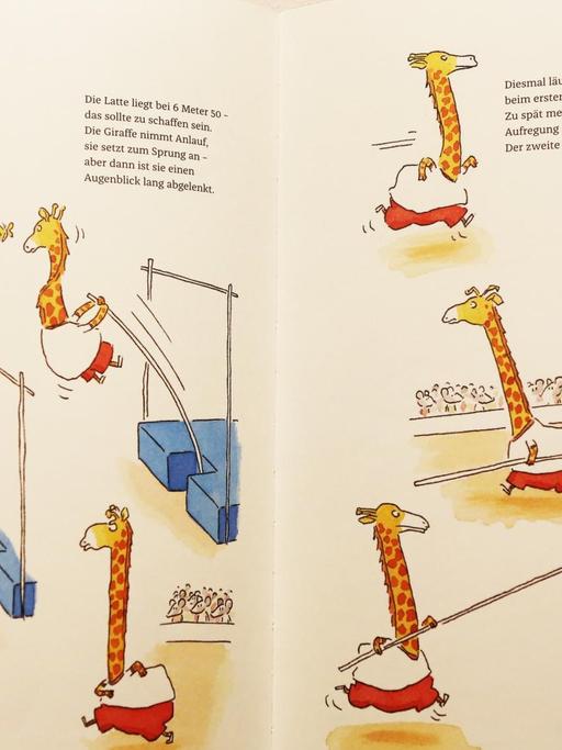 Eine Doppelseite aus dem Buch "Sport ist herrlich" mit einer Giraffe, die sich am Hochsprung versucht