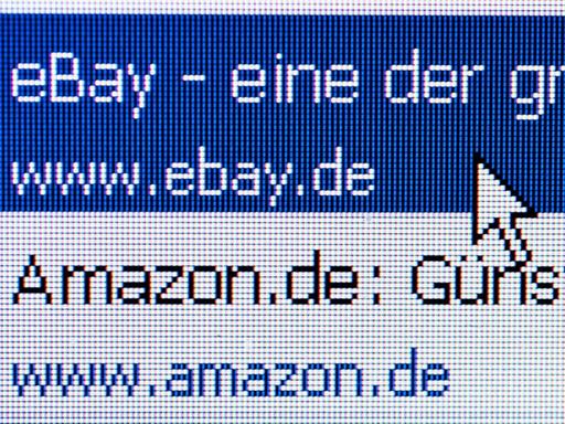 Auf einem Computermonitor sind die Web-Adressen von Ebay und Amazon zu sehen.