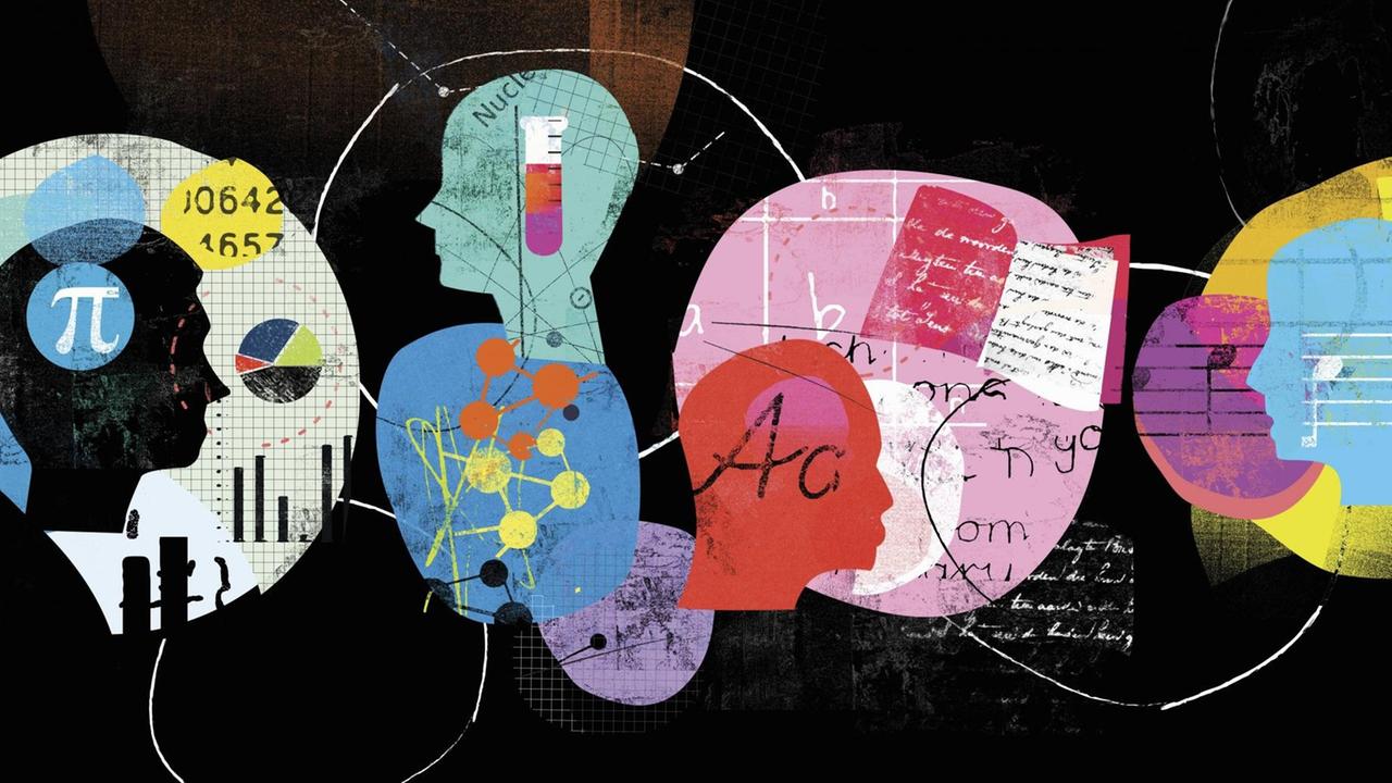Illustration von Köpfen im Profil vor verschiedenen wissenschaftlichen Symbolen. Illustration von Köpfen im Profil vor verschiedenen wissenschaftlichen Symbolen.
