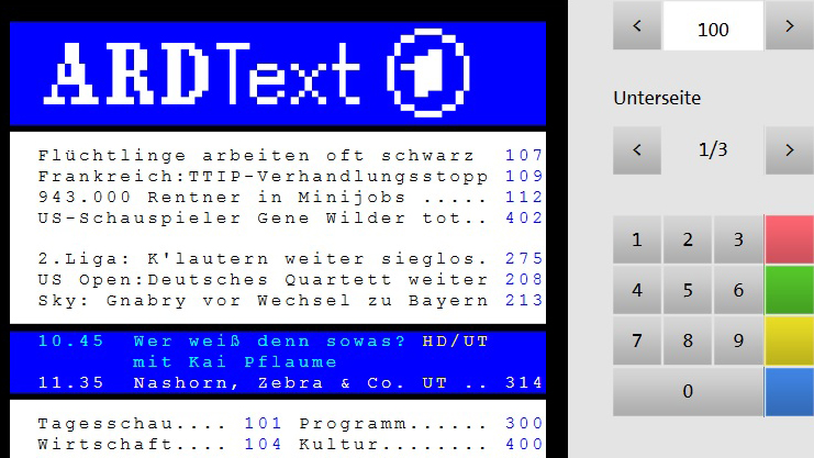 Seite 100: Startseite des ARD-Teletext-Angebots am 30. August 2016, später Vormittag. Seite 100: Startseite des ARD-Teletext-Angebots am 30. August 2016, später Vormittag.