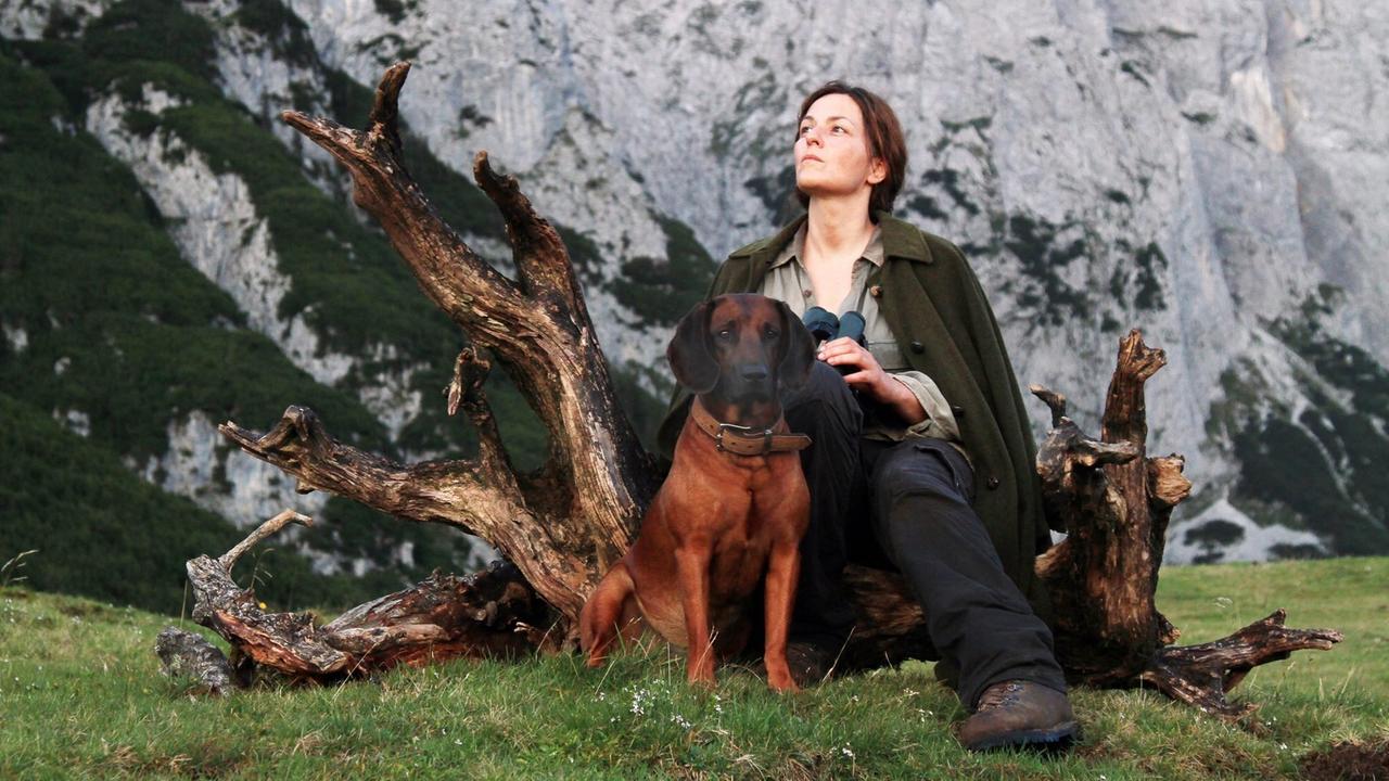 Im Still aus "Die Wand" sitzt Martina Gedeck mit einem Hund auf einem Baumstumpf und schaut in die Gebirgslandschaft. Im Still aus "Die Wand" sitzt Martina Gedeck mit einem Hund auf einem Baumstumpf und schaut in die Gebirgslandschaft.