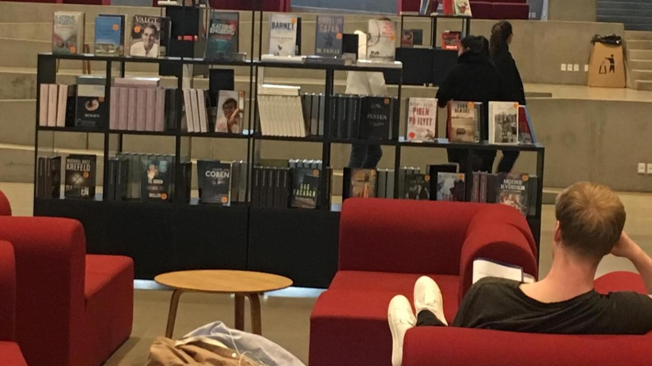 Ein langgezogener, heller Raum in einem modernen Gebäude. In der Mitte ein paar Regale mit Büchern, im Vordergrund liegt ein junger Mann auf einer Couch und liest. Ein langgezogener, heller Raum in einem modernen Gebäude. In der Mitte ein paar Regale mit Büchern, im Vordergrund liegt ein junger Mann auf einer Couch und liest.