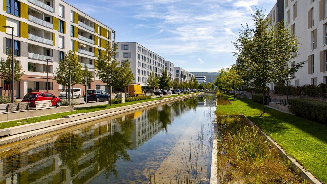Im Heidelberger Viertel Bahnstadt fließt der Lange Anger zwischen den Gebäuden. Im Heidelberger Viertel Bahnstadt fließt der Lange Anger zwischen den Gebäuden.