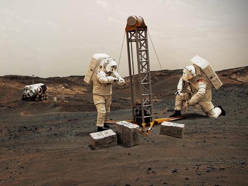 Künstlerische Darstellung von Astronauten, die auf dem Mars nach Wasser bohren.