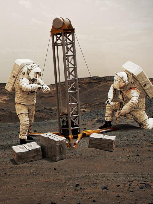 Künstlerische Darstellung von Astronauten, die auf dem Mars nach Wasser bohren.