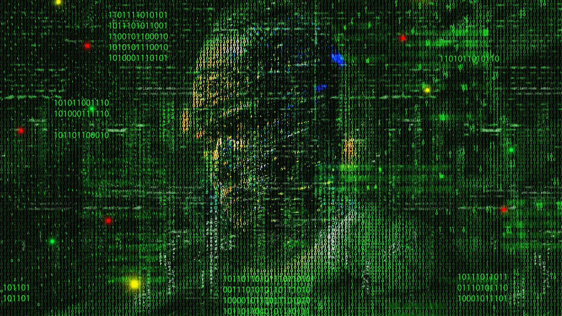 Durch Technologie geschaffene abstrakte Illustration: eine menschliche Gestalt zeichnet sich hinter einer Struktur aus Zahlen und Lichtpunkten ab. Durch Technologie geschaffene abstrakte Illustration: eine menschliche Gestalt zeichnet sich hinter einer Struktur aus Zahlen und Lichtpunkten ab.