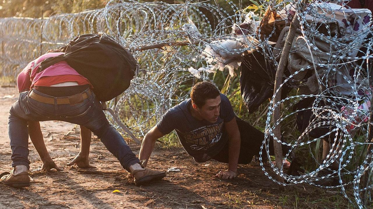Flüchtlinge überqueren am 27. August den Grenzzaun zwischen Serbien und Ungarn Flüchtlinge überqueren am 27. August den Grenzzaun zwischen Serbien und Ungarn
