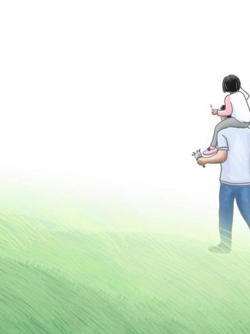 Die Illustration zeigt einen Vater, der auf den Schultern sein Kind trägt. Das Kind hält einen Drachen an einer Schnur in der Hand.