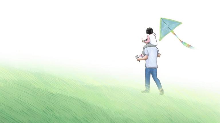 Die Illustration zeigt einen Vater, der auf den Schultern sein Kind trägt. Das Kind hält einen Drachen an einer Schnur in der Hand. Die Illustration zeigt einen Vater, der auf den Schultern sein Kind trägt. Das Kind hält einen Drachen an einer Schnur in der Hand.