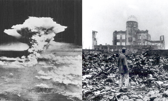 links Luftaufnahme von der Atombomben-Explosion, rechts ein Mann, der vor den Trümmern zerstörter Häuser steht