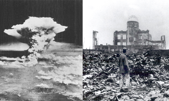 links Luftaufnahme von der Atombomben-Explosion, rechts ein Mann, der vor den Trümmern zerstörter Häuser steht links Luftaufnahme von der Atombomben-Explosion, rechts ein Mann, der vor den Trümmern zerstörter Häuser steht