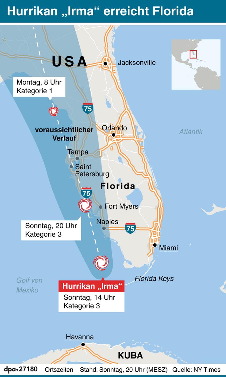 Hurricane Irma hits Florida.  Overview map with the probable course of the hurricane. 