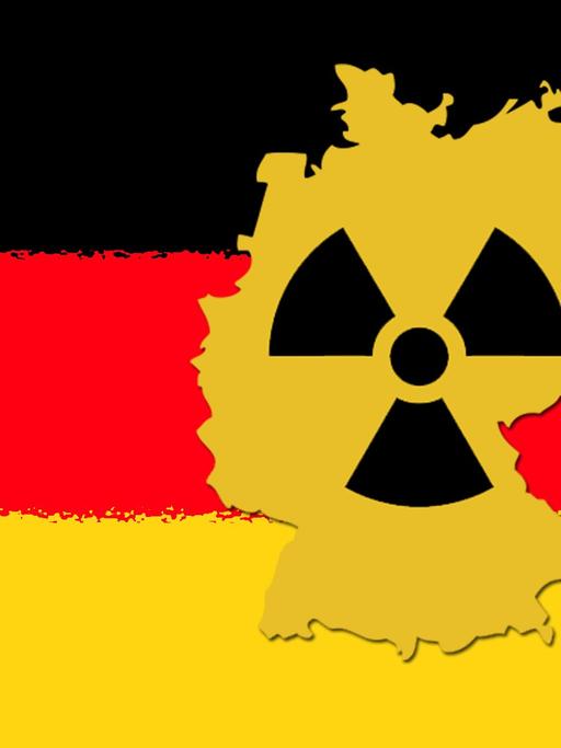 Zu sehen ist der Kartenumriss der Bundesrepublik mit einem Radioaktiv-Symbol und den Farben Schwarz-Rot-Gold im Hintergrund