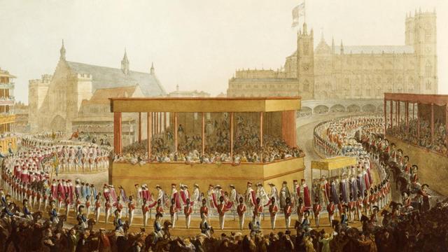 Eine kolorierte, zeitgenössische Gravur zeigt die Krönungsprozession für den britischen König Georg IV., der in einer Sänfte getragen wird