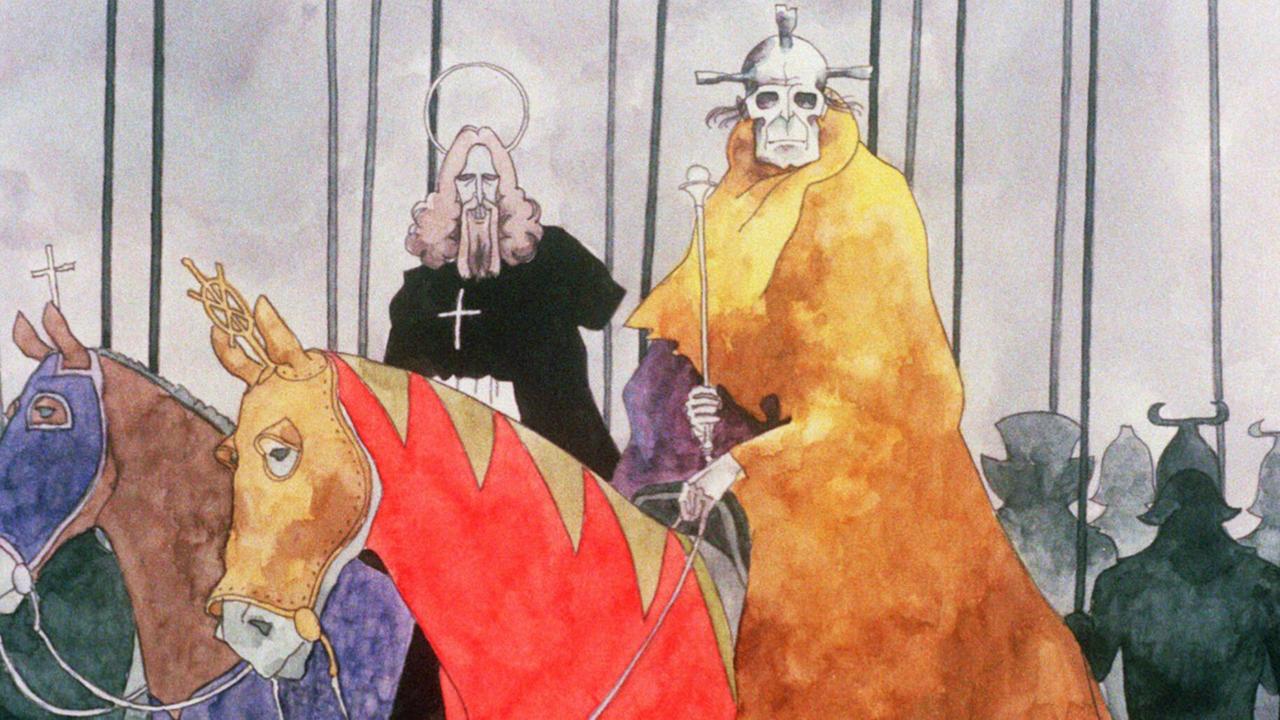Szene aus dem Anime-Film "Belladonna of Sadness": Im Vordergrund sind der Baron und der Priester auf Pferden zu sehen, der Baron trägt eine Totenschädel-Maske.