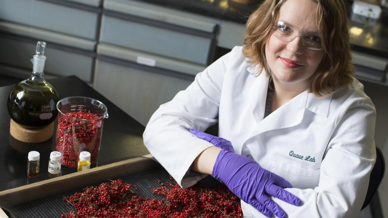 Dr. Cassandra Quave mit den Beeren des brasilianischen Pfefferbaums Dr. Cassandra Quave mit den Beeren des brasilianischen Pfefferbaums