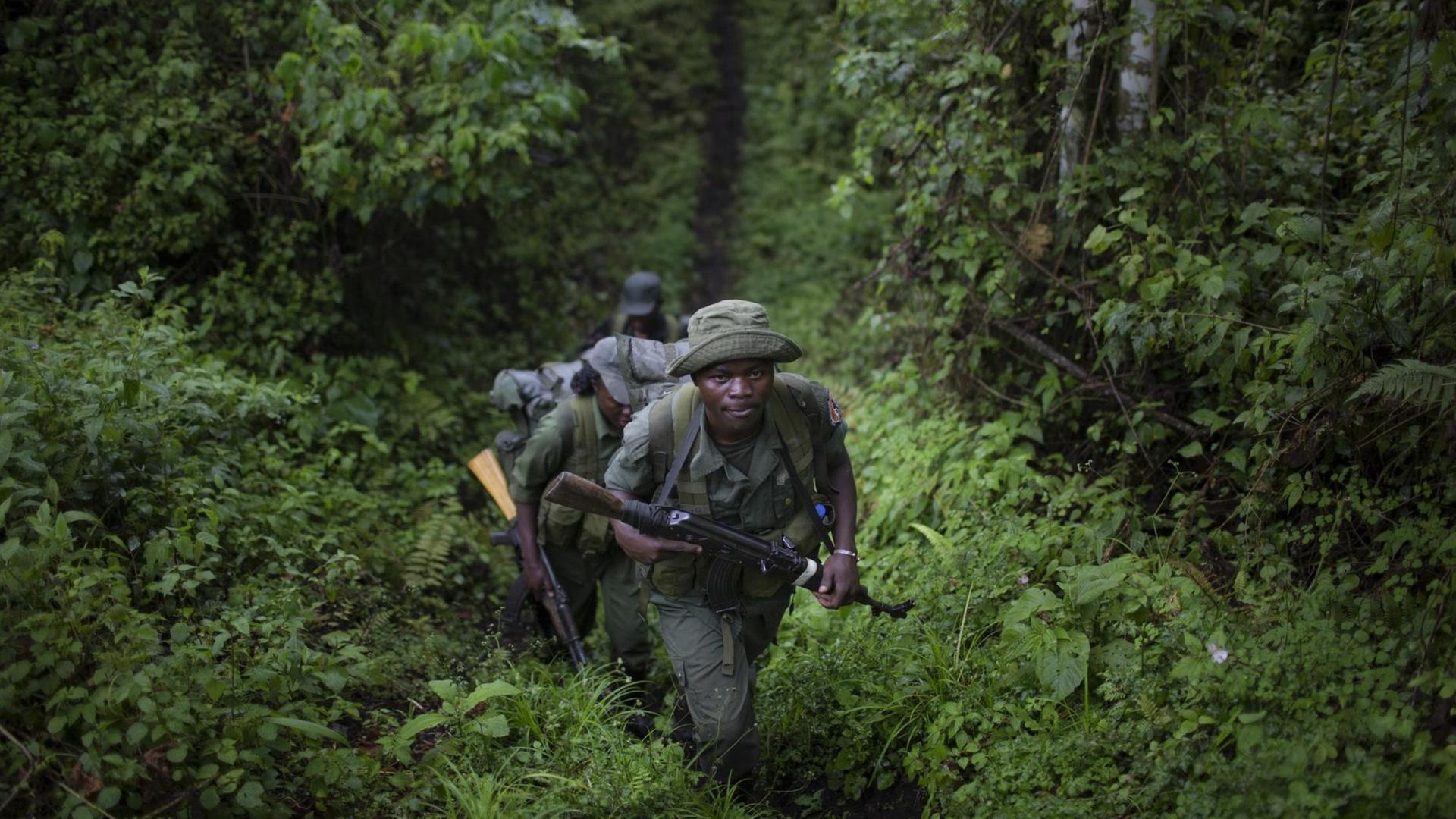 Bewaffnete Ranger kommen von einem Außenposten im Virunga-Nationalpark in der Demokratischen Republik Kongo, 8. Oktober 2014. Nach dem Mord an einem Park Ranger und der Entführung von zwei britischen Touristen und ihrem Fahrer im Jahr 2018 wurde der Park bis 2019 geschlossen. Bewaffnete Ranger kommen von einem Außenposten im Virunga-Nationalpark in der Demokratischen Republik Kongo, 8. Oktober 2014. Nach dem Mord an einem Park Ranger und der Entführung von zwei britischen Touristen und ihrem Fahrer im Jahr 2018 wurde der Park bis 2019 geschlossen.
