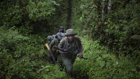 Bewaffnete Ranger kommen von einem Außenposten im Virunga-Nationalpark in der Demokratischen Republik Kongo, 8. Oktober 2014. Nach dem Mord an einem Park Ranger und der Entführung von zwei britischen Touristen und ihrem Fahrer im Jahr 2018 wurde der Park bis 2019 geschlossen.