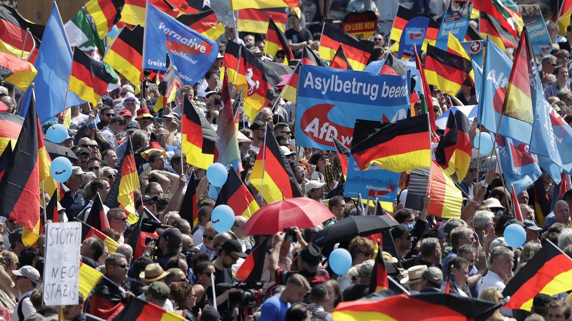Das Bild zeigt zahlreiche Anhänger der AfD auf einer Kundgebung gegen die Politik der Bundesregierung in Berlin. Zu sehen sind viele Deutschlandflaggen und Fahnen mit dem AfD-Parteilogo. Auf einem Banner steht zu lesen "Asylbetrug beenden". Das Bild zeigt zahlreiche Anhänger der AfD auf einer Kundgebung gegen die Politik der Bundesregierung in Berlin. Zu sehen sind viele Deutschlandflaggen und Fahnen mit dem AfD-Parteilogo. Auf einem Banner steht zu lesen "Asylbetrug beenden".