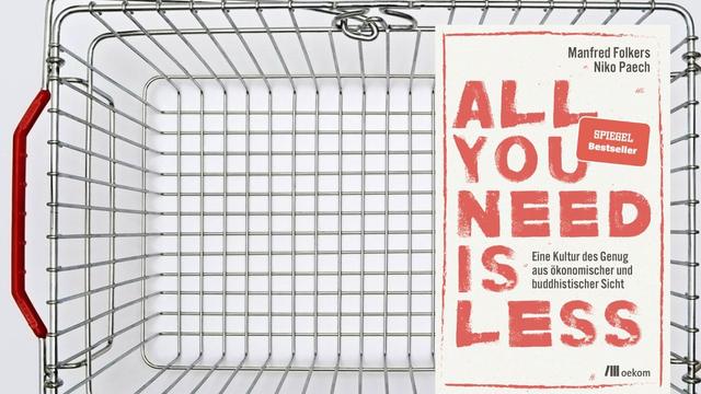 Cover-Collage: "All you need is less" von Manfred Folkers und Niko Paech; oekom Verlag. Im Hintergrund ein leerer Einkaufskorb