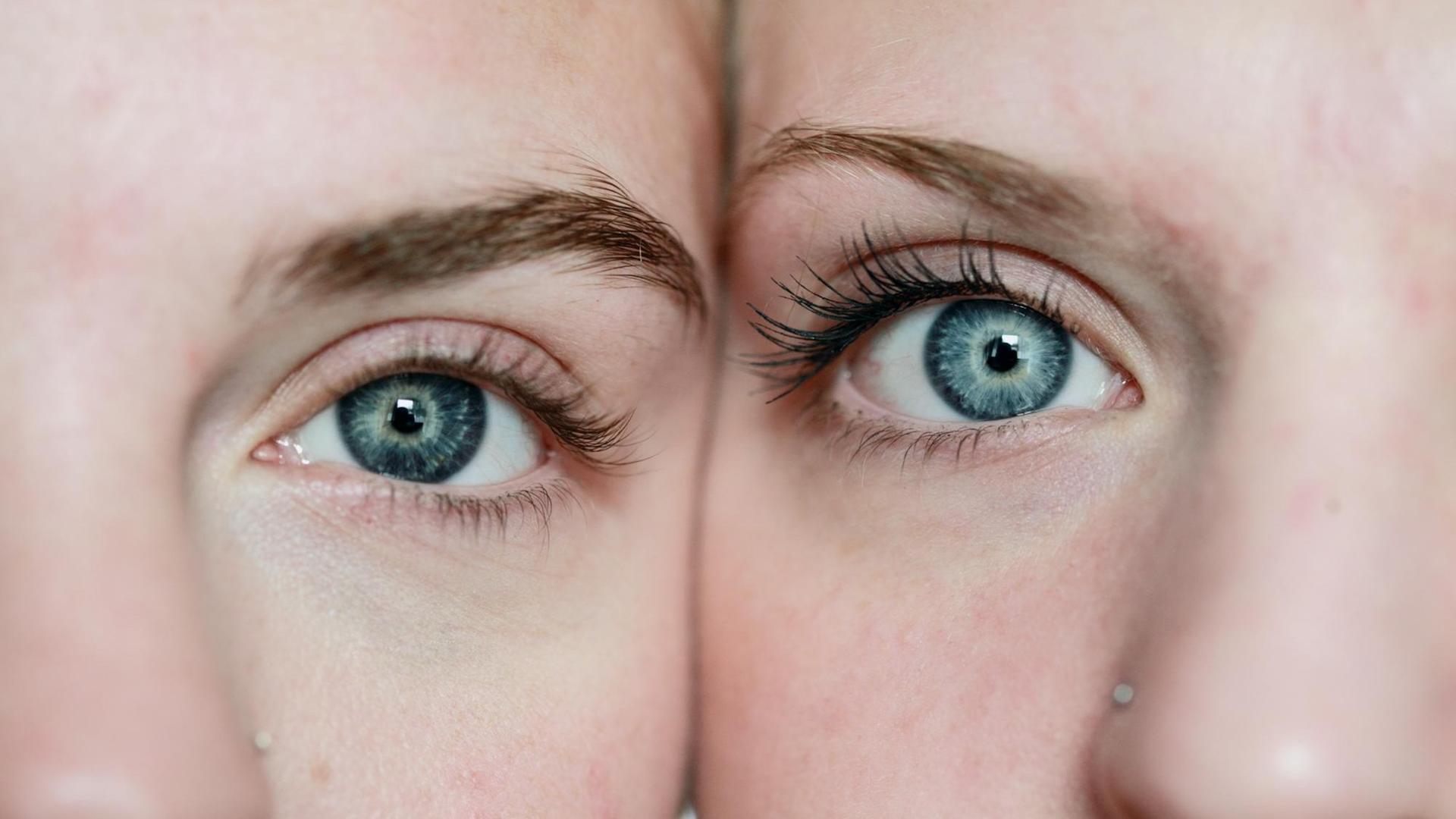 Zwei helle Gesichtshälfen sin im Anschnitt bis zur Nase zu sehen. Je ein blaues Auge blickt direkt in die Kamera. Zwei helle Gesichtshälfen sin im Anschnitt bis zur Nase zu sehen. Je ein blaues Auge blickt direkt in die Kamera.