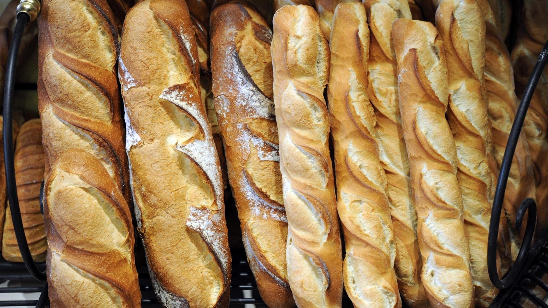 Baguettes in einer Bäckerei in der französischen Stadt Quimper. Baguettes in einer Bäckerei in der französischen Stadt Quimper.