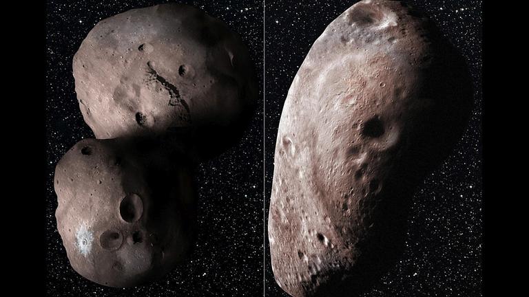 Zwei Modelle des Objekts 2014 MU69 - einmal als Doppelkörper, einmal als Körper mit eine länglicher Struktur. Zwei Modelle des Objekts 2014 MU69 - einmal als Doppelkörper, einmal als Körper mit eine länglicher Struktur.