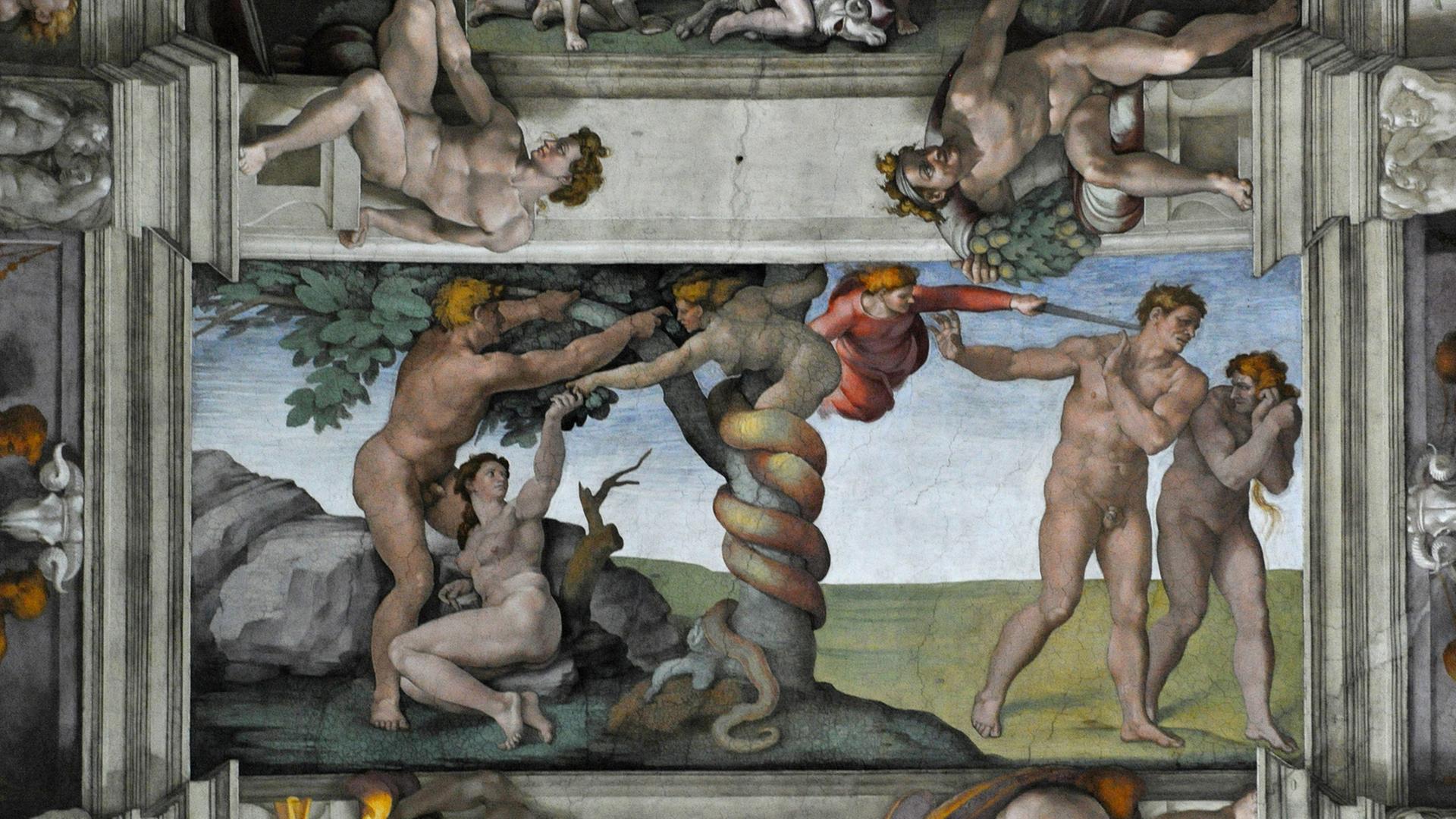 Die Deckenmalerei "Sündenfall und Vertreibung aus dem Paradies" von Michelangelo in der Sixtinischen Kapelle in Rom. Die Deckenmalerei "Sündenfall und Vertreibung aus dem Paradies" von Michelangelo in der Sixtinischen Kapelle in Rom.