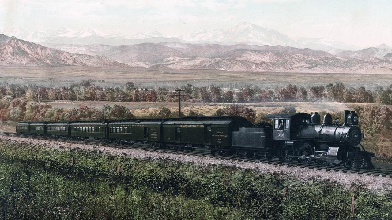 Fotografie von William Henry Jackson: Ein Erste-Klasse-Zug auf der Burlington Route, deren Streckennetz bis in den Mittleren Westen reichte. Fotografie von William Henry Jackson: Ein Erste-Klasse-Zug auf der Burlington Route, deren Streckennetz bis in den Mittleren Westen reichte.