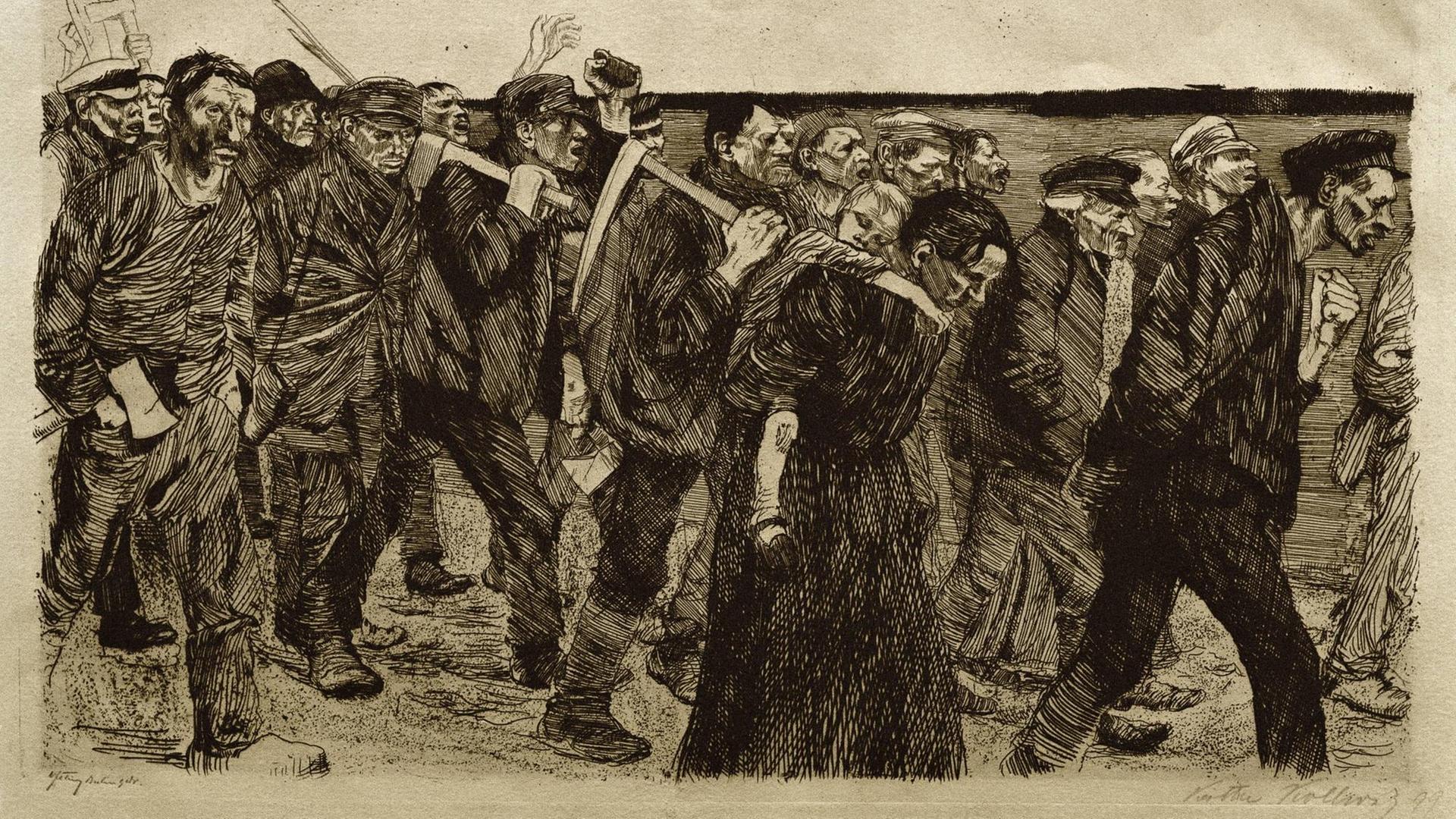 Das Bild "Weberzug" von Käthe Kollwitz (18671945). Radierung von 1897 auf Japanpapier, 21,6 × 29,5 cm. Blatt 4 der Folge: Ein Weberaufstand. Stuttgart, Staatsgalerie, Graphische Sammlung. Das Bild "Weberzug" von Käthe Kollwitz (18671945). Radierung von 1897 auf Japanpapier, 21,6 × 29,5 cm. Blatt 4 der Folge: Ein Weberaufstand. Stuttgart, Staatsgalerie, Graphische Sammlung.