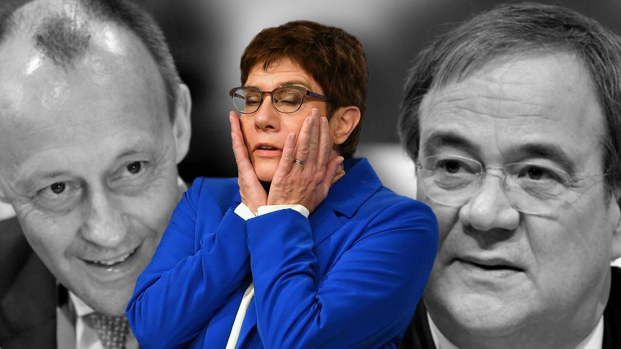 Die Fotomontage zeigt die CDU-Politiker Friedrich Merz, Annegret Kramp-Karrenbauer und Armin Laschet. Die Fotomontage zeigt die CDU-Politiker Friedrich Merz, Annegret Kramp-Karrenbauer und Armin Laschet.