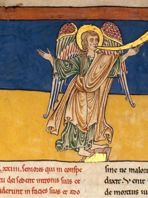 Der siebente Engel stößt in die Posaune und kündigt die Herrschaft Gottes an. Spanische Buchmalerei aus dem 12. Jahrhundert zur Offenbarung des Johannes (11,15)