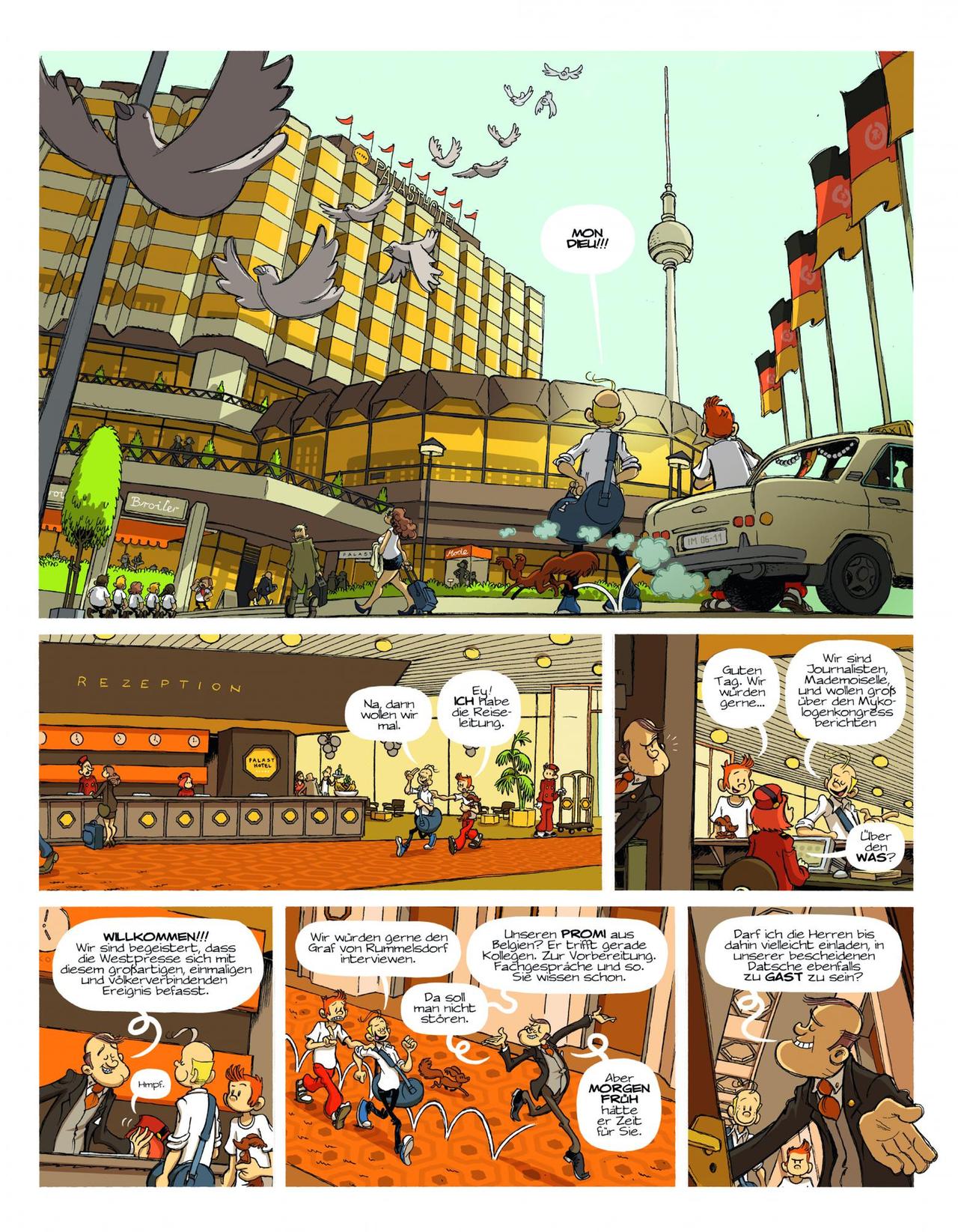 Die Seite aus dem Comic "Spirou in Berlin" von Flix zeigt unter anderem den Berliner Fernsehturm, das Palasthotel an der Spree sowie die Helden Spirou und Fantasio