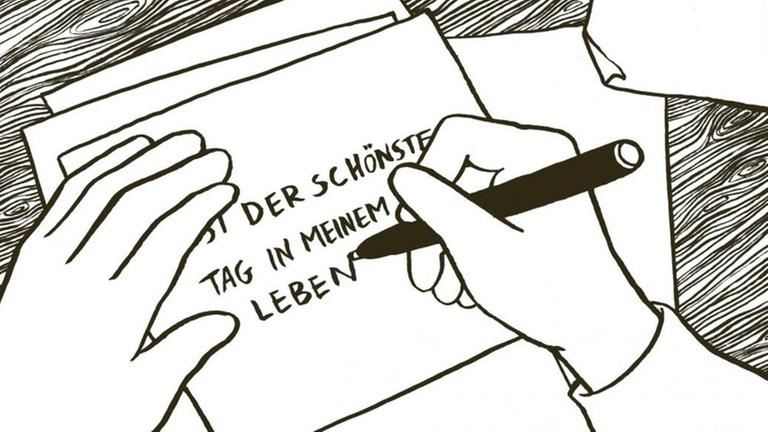 Illustration einer Hand, die auf einen Brief schreibt: "...ist der schönste Tag in meinem Leben". Illustration einer Hand, die auf einen Brief schreibt: "...ist der schönste Tag in meinem Leben".