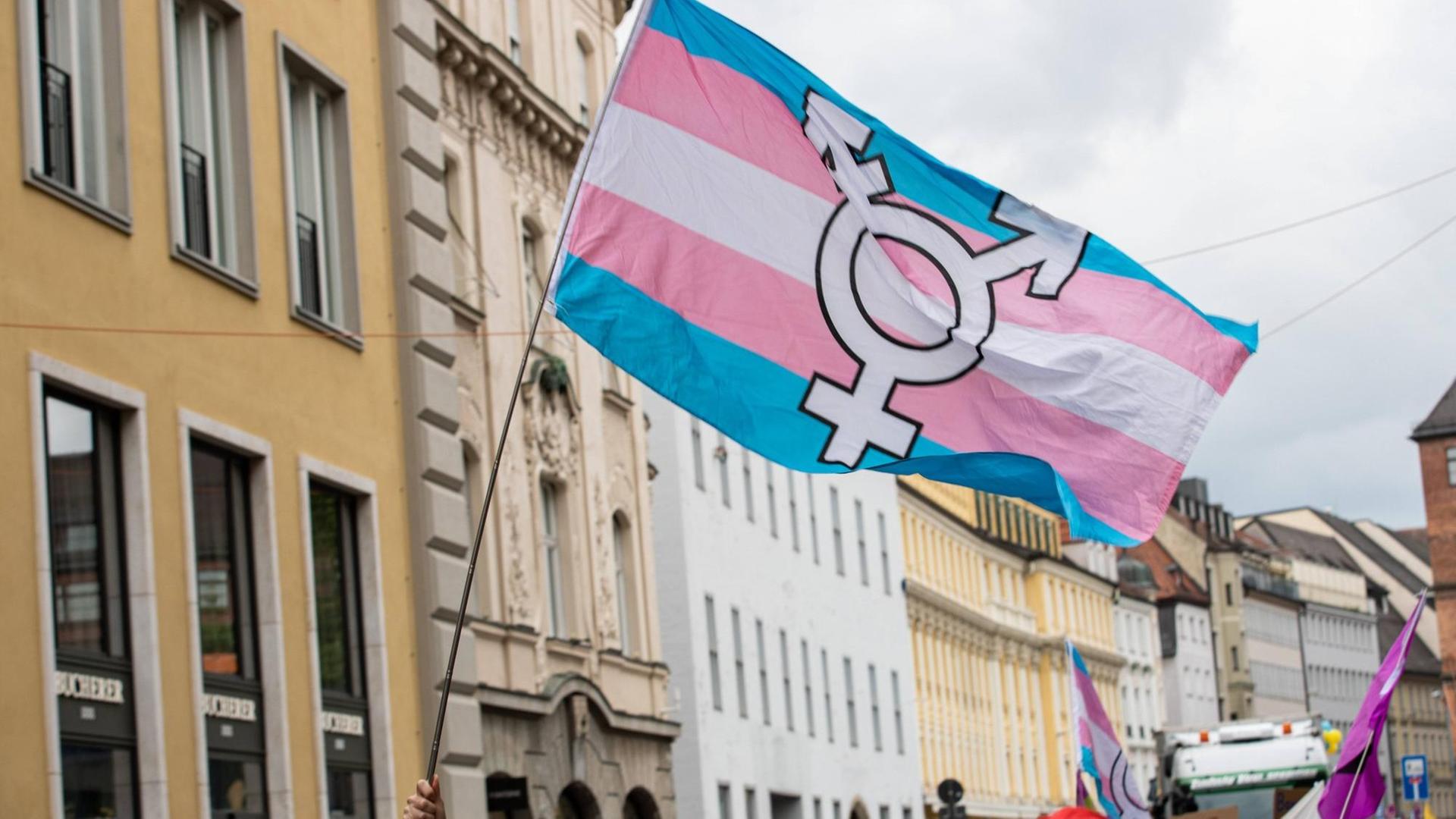 Die Fahne weht in pink, blau und weiß mit dem Trans-Symbol über einem Demonstrationszug. Die Fahne weht in pink, blau und weiß mit dem Trans-Symbol über einem Demonstrationszug.