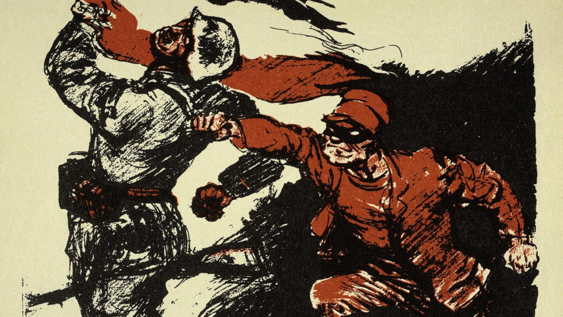 Ein rot gekleideter Mann stößt einem Soldaten ein Messer in den Rücken. Illustration zu einem Wahlplakat der Deutschnationalen Volkspartei (DNVP) für die Reichstagswahlen am 7.12.1924.