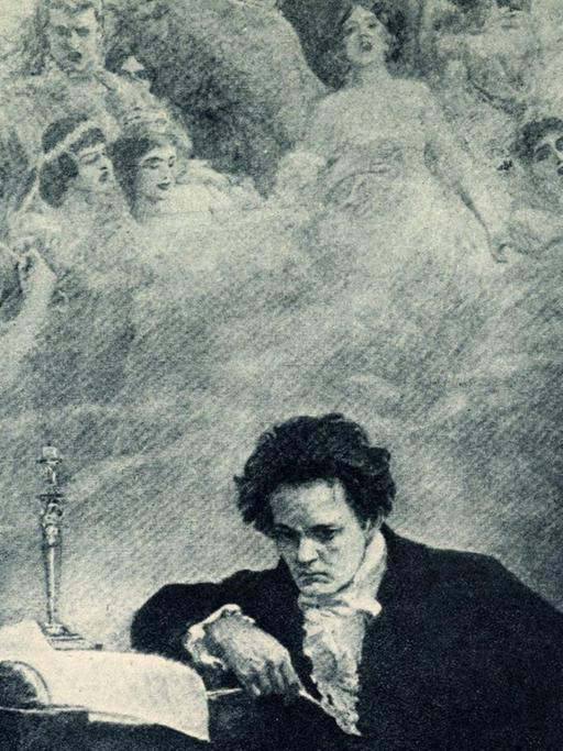 Eine alte Radierung zeigt den Komponist Ludwig van Beethoven bei der Arbeit.
