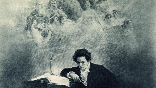 Eine alte Radierung zeigt den Komponist Ludwig van Beethoven bei der Arbeit.