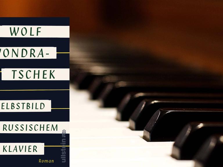 Cover des Buches "Selbstbildnis mit russischem Klavier" von Wolf Wondratschek, im Hintergrund eine Klaviertastatur.