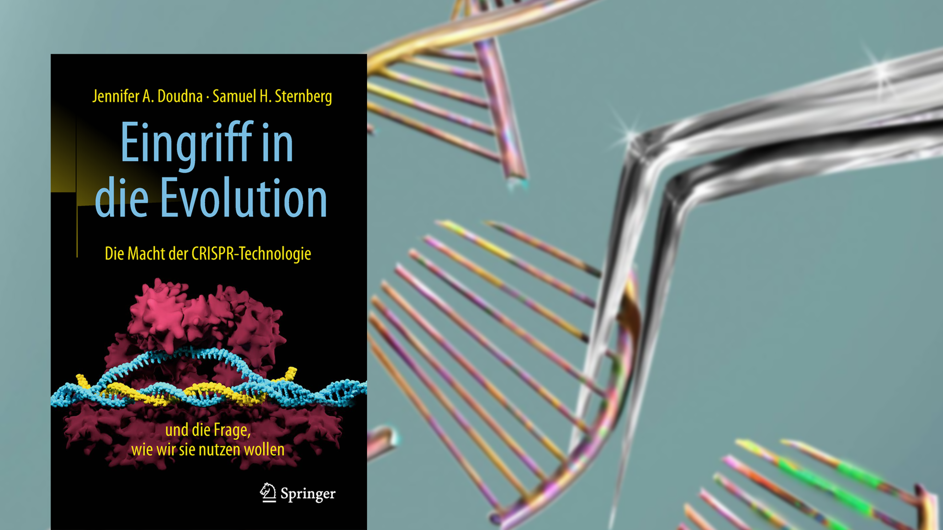Cover von Jennifer A. Doudna/Samuel H. Sternberg: "Eingriff in die Evolution", im Hintergrund die Illustration einer Schere, die ein DNA Molekül modifiziert Cover von Jennifer A. Doudna/Samuel H. Sternberg: "Eingriff in die Evolution", im Hintergrund die Illustration einer Schere, die ein DNA Molekül modifiziert