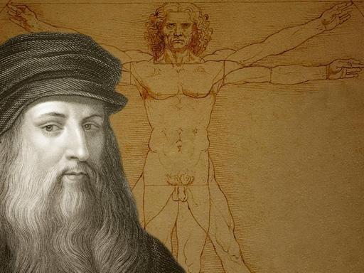 Ein Bildnis von Leonardo da Vinci vor seiner Zeichnung des vitruvianischen Menschen.