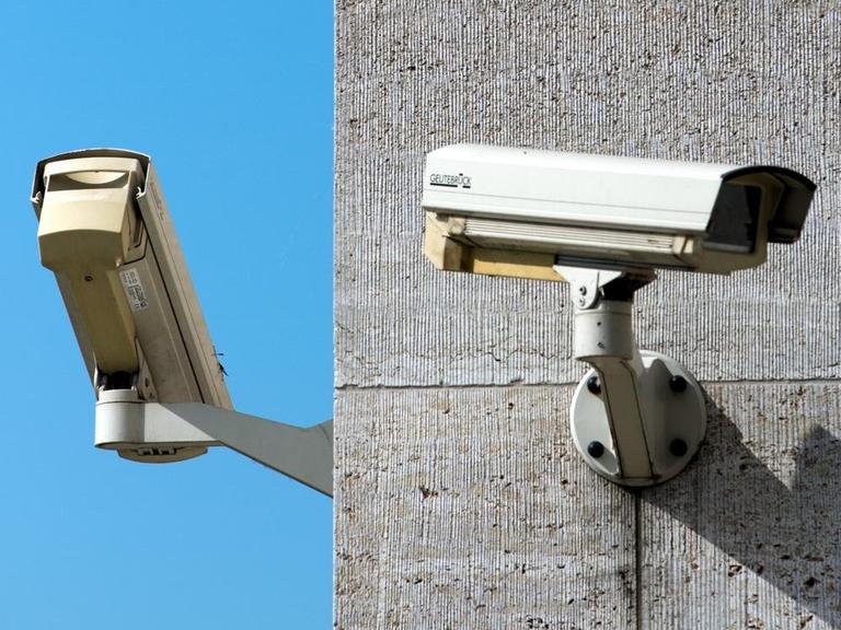 Am einem ehemaligen Dienstgebäude der Deutschen Bundesbank in Dresden (Sachsen) sind am 18.05.2015 zwei Kameras zur Video- Überwachung zu sehen.