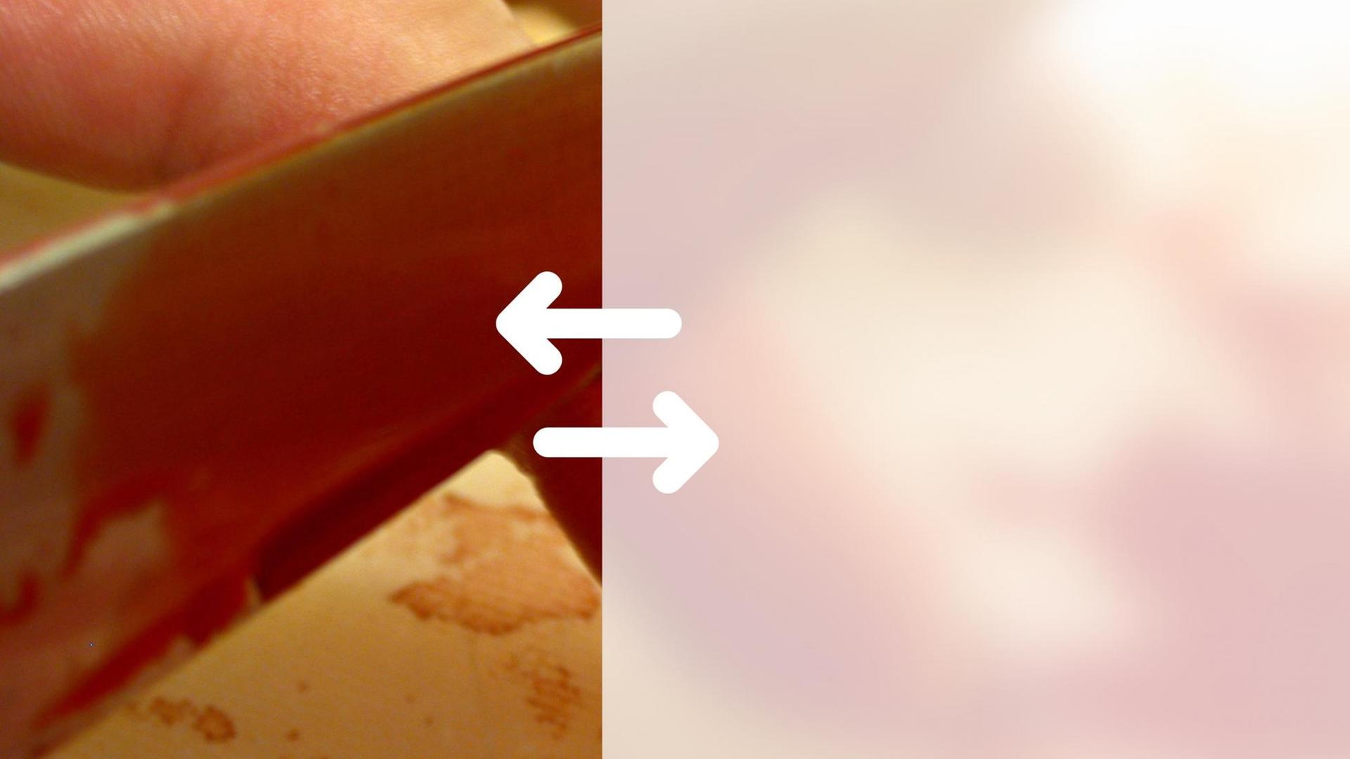 Ein teilweise verfremdetes Bild eines Messer, das in einen Finger schneidet. Ein teilweise verfremdetes Bild eines Messer, das in einen Finger schneidet.